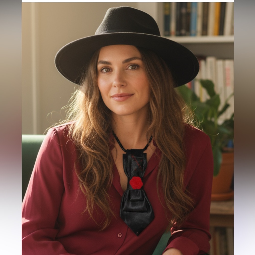 “Dainty Dapper” our simpler design, Black necktie necklace with red rose design